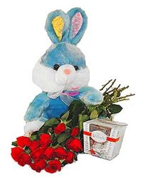 red roses with plush toy and chocolates. USA